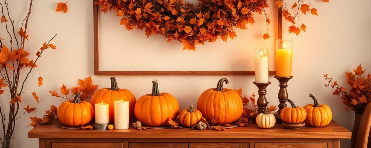 Decorazioni autunnali con zucche e candele